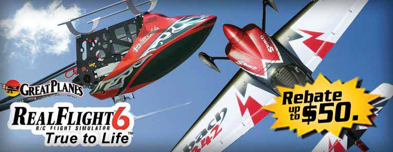 Purchase the RealFlight 6 R/C Flight Simulator and a select airplane or heli and be eligible for up to $50 in quality R/C merchandise!